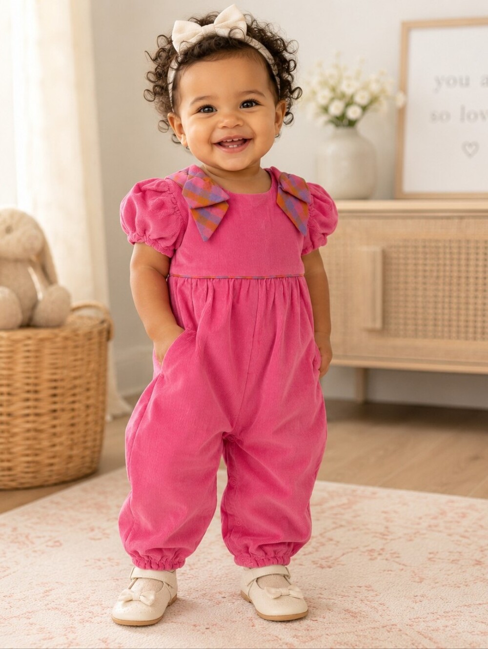 The Beaufort Bonnet Company Pink Corduroy Bow Romper 12/18M NWT